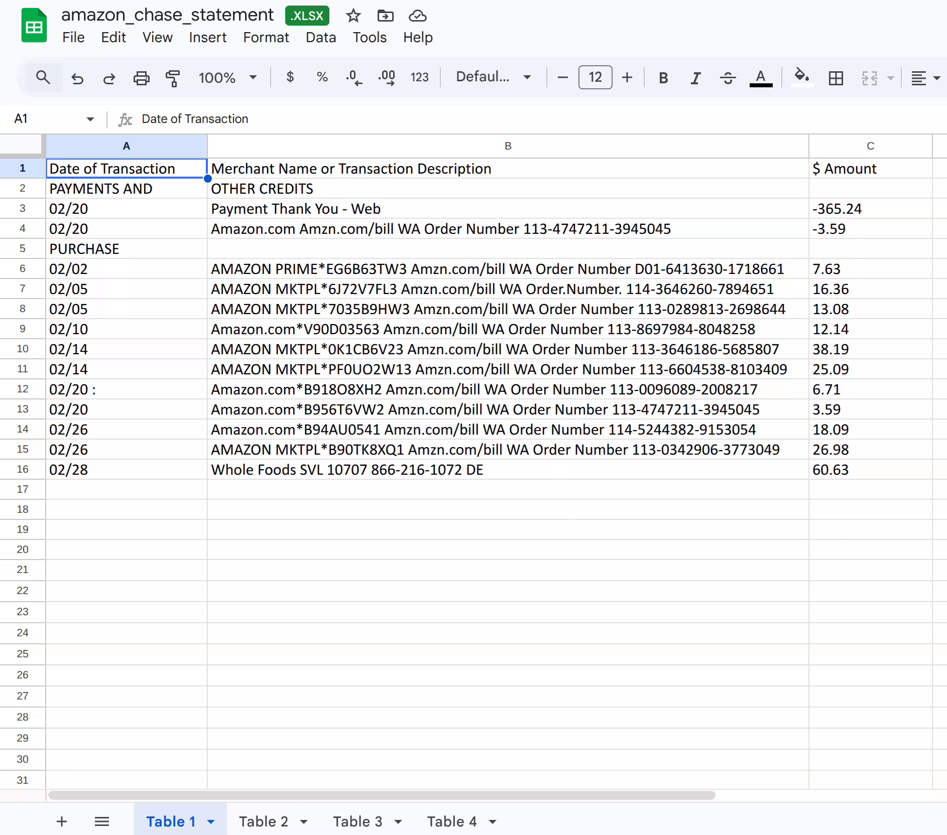 Example of extracted table data returned to the user